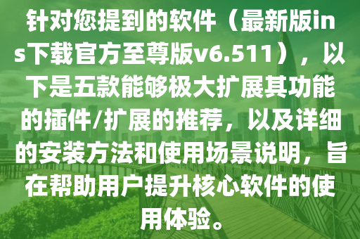 針對您提到的軟件(最新版ins下載官方至尊版v6.511),以下是五款能夠極大擴展其功能的插件/擴展的推薦,以及詳細的安裝方法和使用場景說明,旨在幫助用戶提升核心軟件的使用體驗。